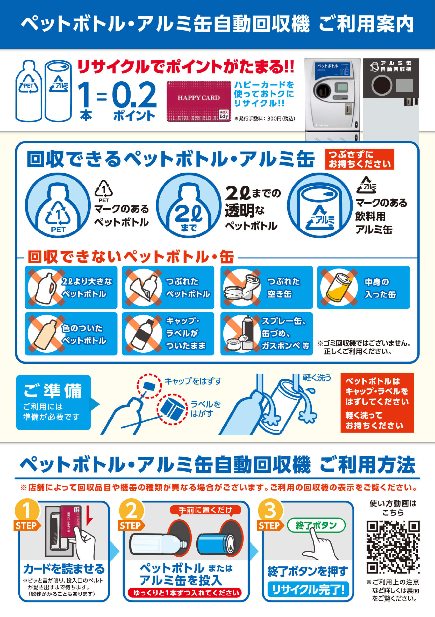 ペットボトル・アルミ缶自動回収機　ご利用案内　リサイクルでポイントがたまる！！